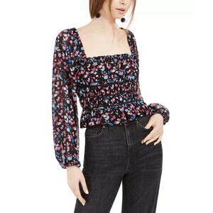 Leyden Women's Smocked Long Sleeve Cropped Top - Black S